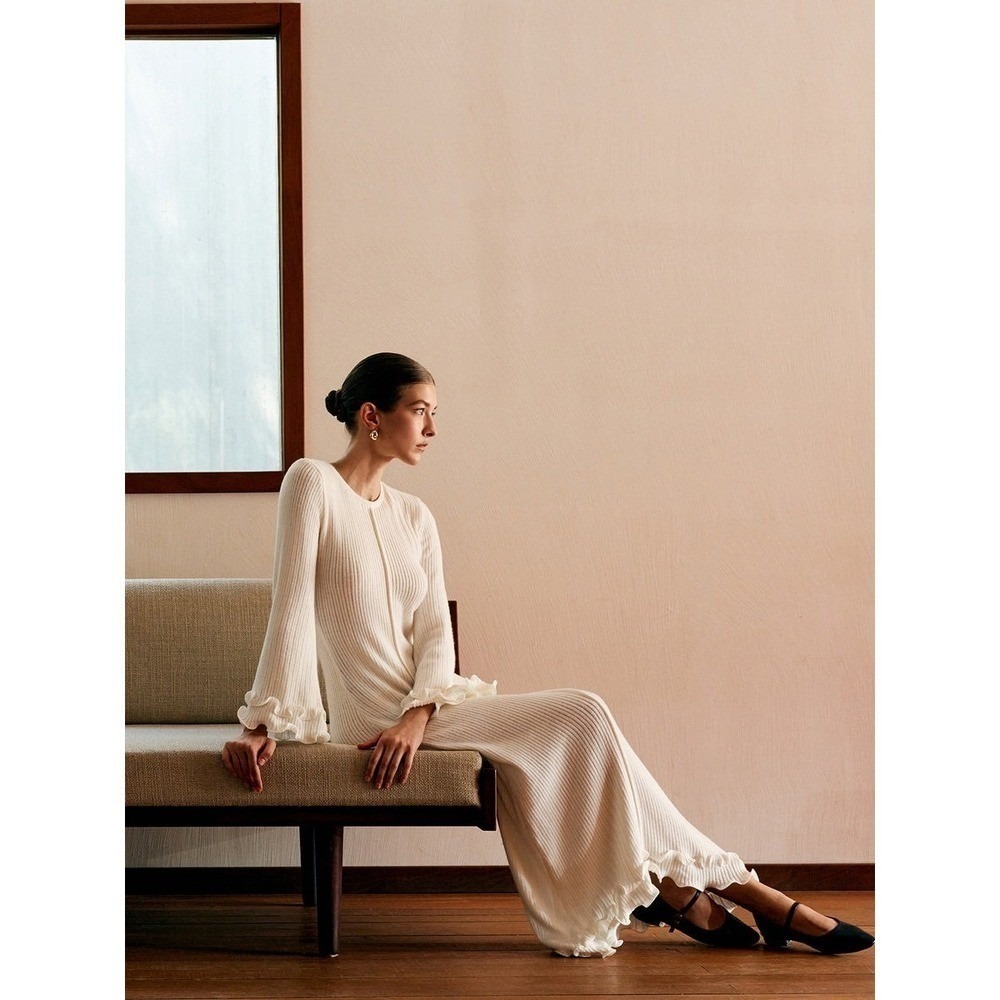 Commense Semi-Sheer Ruffled Sleeve Knit Maxi Dress Long Sleeve White size S